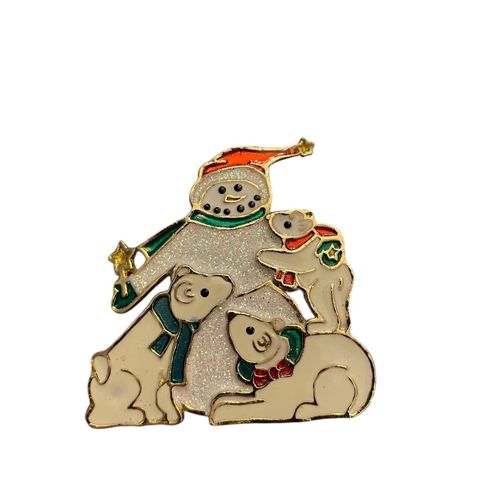 Snowman Polar Bears Enamel Vintage Gold Tone Brooch Pin Sparkly Family Christmas